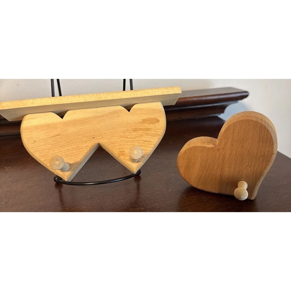 2 - Small Vintage Wood Heart Shaped Shelf & Peg Hooks